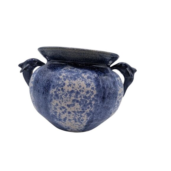 Studio Pottery Blue Speckled Ceramic Pot With Dolphin Handles Signed Base 5" X 6 - Picture 9 of 10